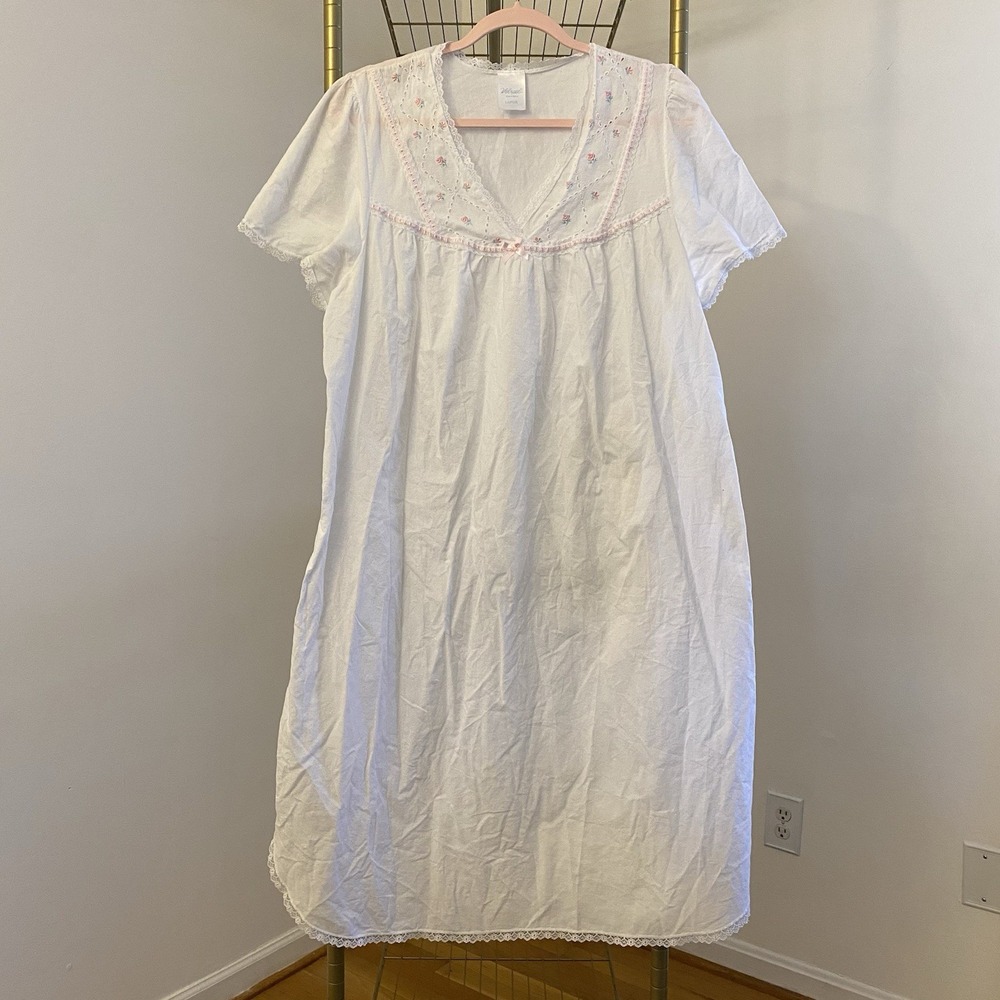 Velrose Womens Nightgown Large White Pink Floral Embroidered Lace Cottage Thin